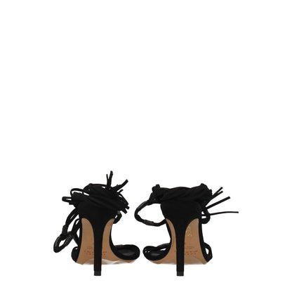 Isabel Marant Black Leather Stiletto Heel Sandals with open toe and self-tie closures, back view showing high heel design.