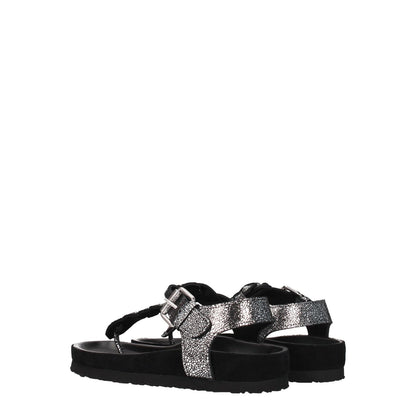 Isabel Marant Black Leather Flip-Flop Sandals with open toe, silver front detail, rubber sole and casual suede material.