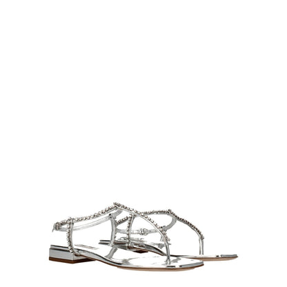 Miu Miu Gray Leather Flip-Flop Sandals with rhinestone and metallic effect, open toe, buckle closure, low flat heel. MPN 5Y920D3L1N010F0118