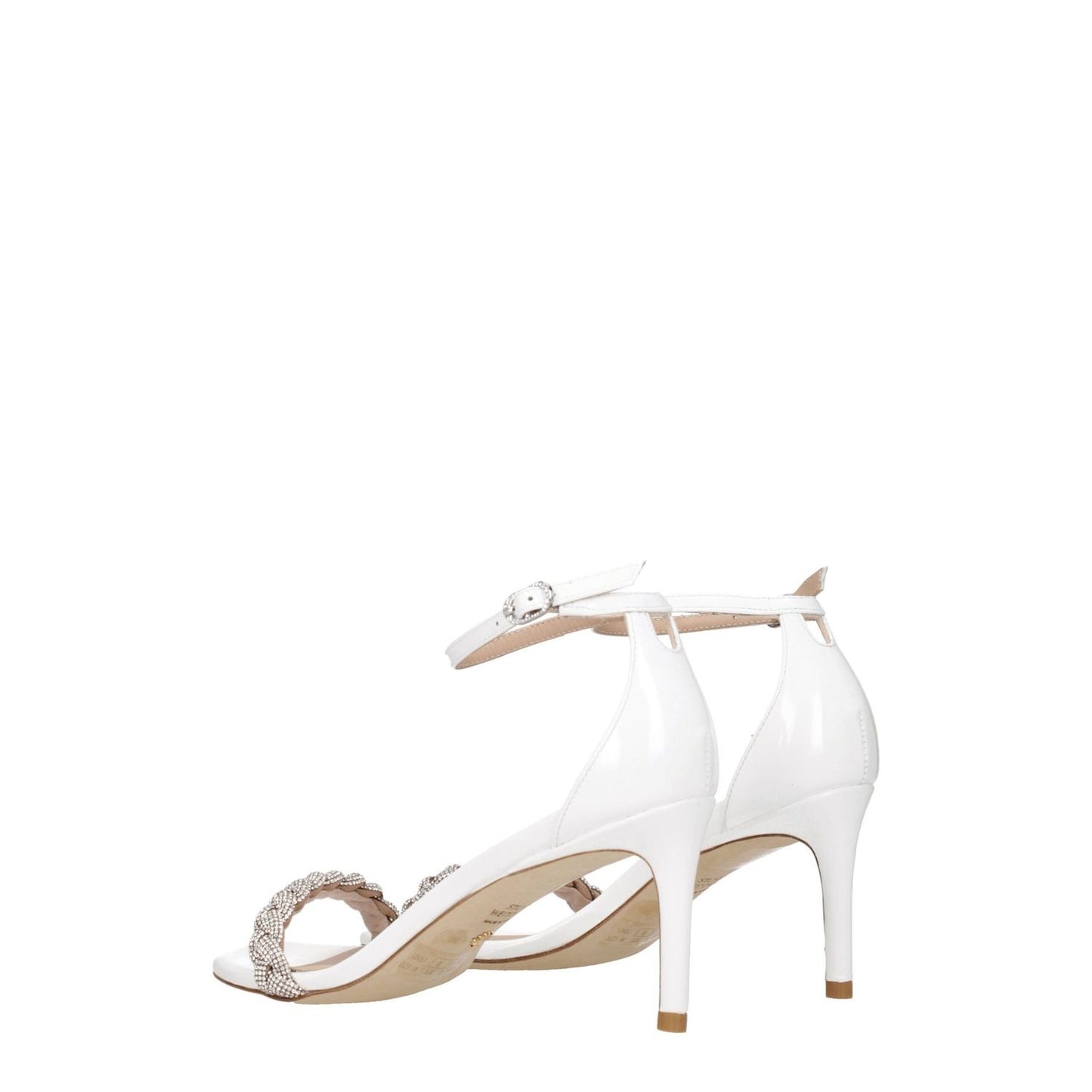 Stuart Weitzman White Leather Stiletto Heel Sandals with crystal details and buckle closure, featuring 7.5 cm mid heels and open toe design.