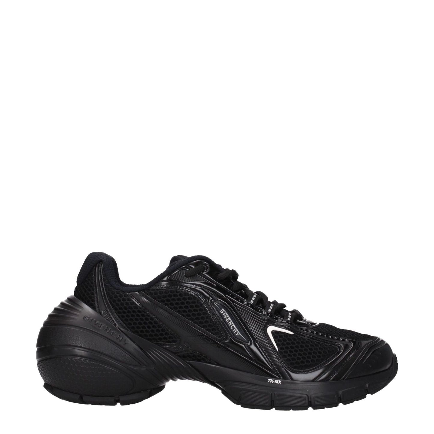 Givenchy Black Fabric Athletic Sneakers with logos, lace-up design, leather and rubber materials, mid-heel, and round toe.