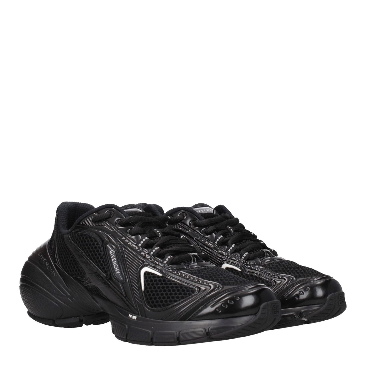 Givenchy Black Fabric Athletic Sneakers with leather accents, lace-up closure, rubber sole, mid-heel, and brand logos on the sides.