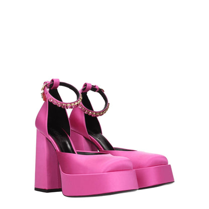Versace Pink Satin Platform Pumps with rhinestone detail, buckle closure, and high heel. Stylish satin sandals with gold accents.