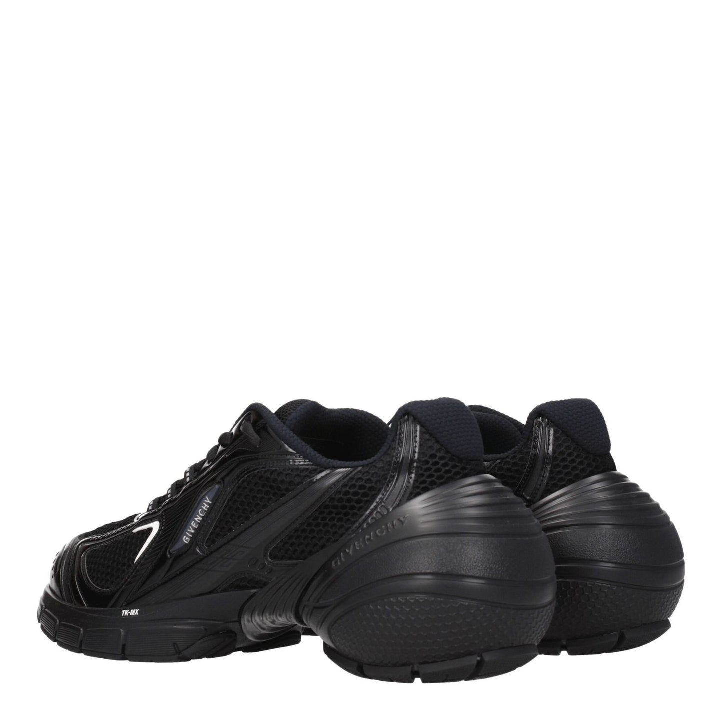 Givenchy Black Fabric Athletic Sneakers with logos, lace-up, rubber sole, and mid heel, style code F76586, back view angle.
