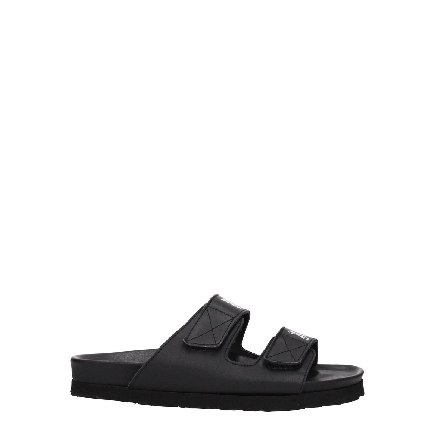 Palm Angels Black Leather Flat Sandals with front logo and strap closure, rubber sole, and low, flat heel.