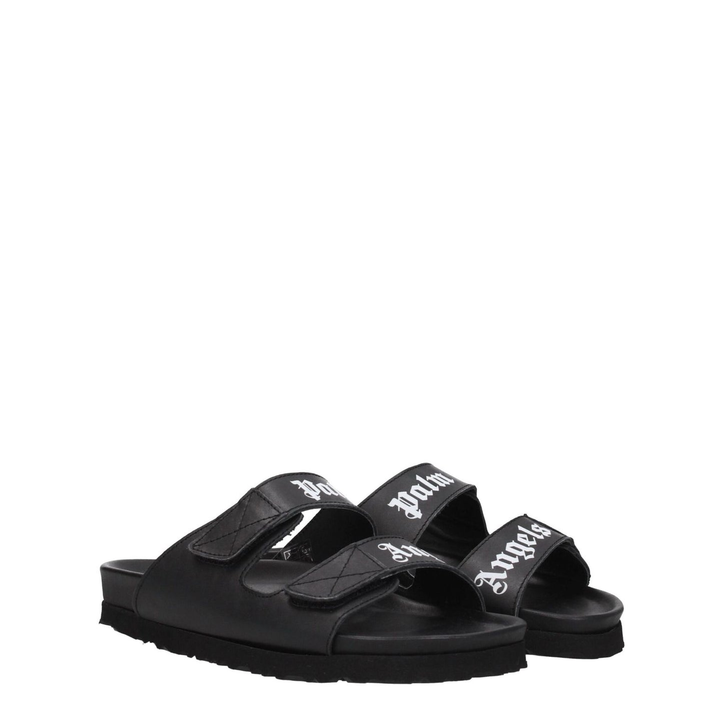 Palm Angels Black Leather Flat Sandals with strap closure and front logo, featuring a low flat heel and rubber sole for casual style.