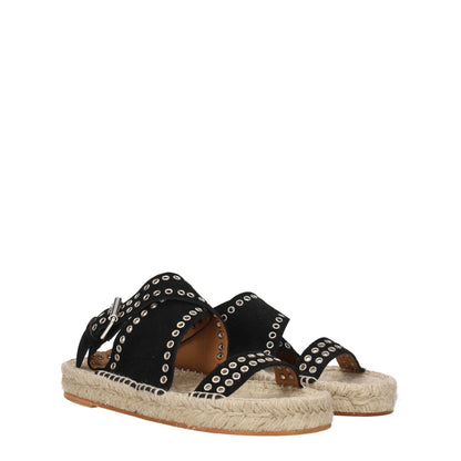 Isabel Marant Black Leather Flat Sandals with studs and buckle closure, showcasing vintage and aged effects, open toe design.