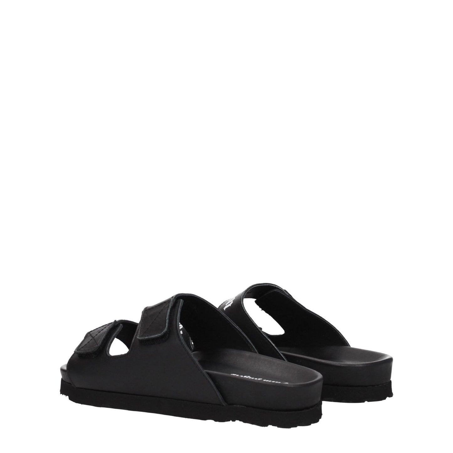 Palm Angels Black Leather Flat Sandals with strap closure and rubber sole, featuring front logo. Ideal for casual style.