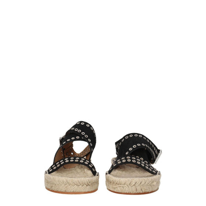 Isabel Marant Black Leather Flat Sandals with studs and buckle closure, rear view on a casual low flat heel.