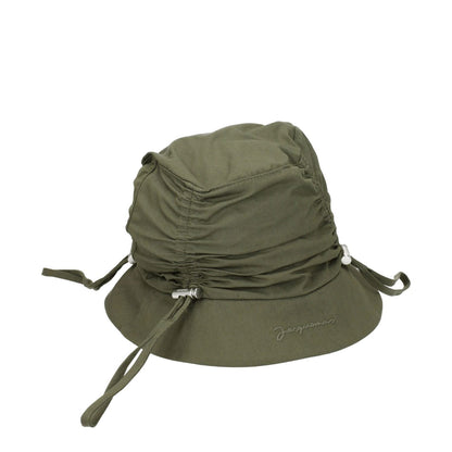 Jacquemus Green Cotton Bucket Hat with front logo, casual style, 75% cotton, 25% polyamide in silver and khaki colors, SKU 235AC4705047560.