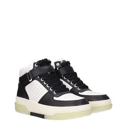 Amiri Black Leather High Top Sneakers with lace-up closure and wedge heel, featuring black and white leather design and rubber sole. MPN: MFS005004.