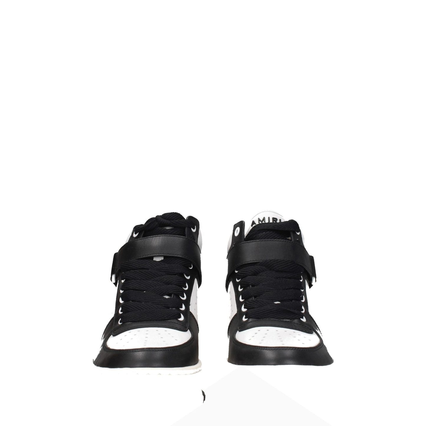Amiri Black Leather High Top Sneakers with round toe, lace-up closure, and wedge heel, featuring front and back logos.