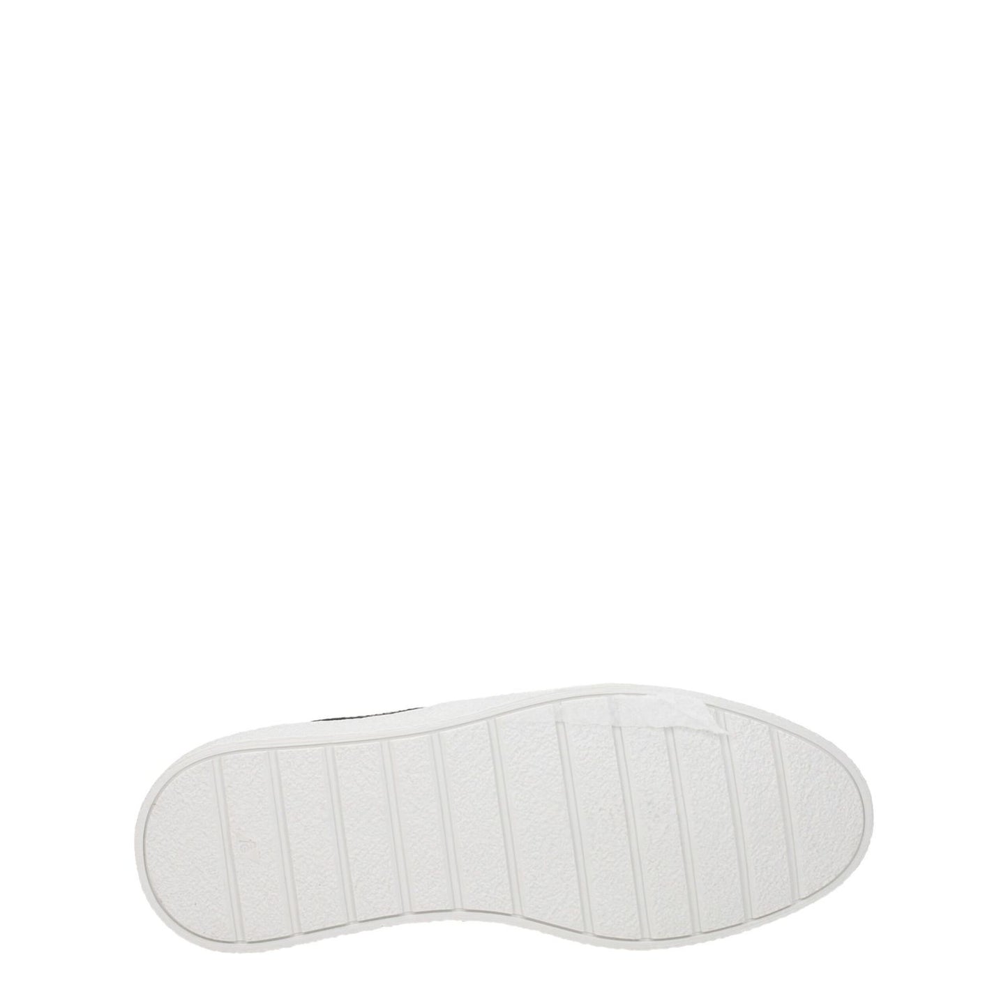 Sole view of Ami Paris Black Fabric Low Top Sneakers with rubber sole and white detailing. Casual style with mid heels and lace up closure.