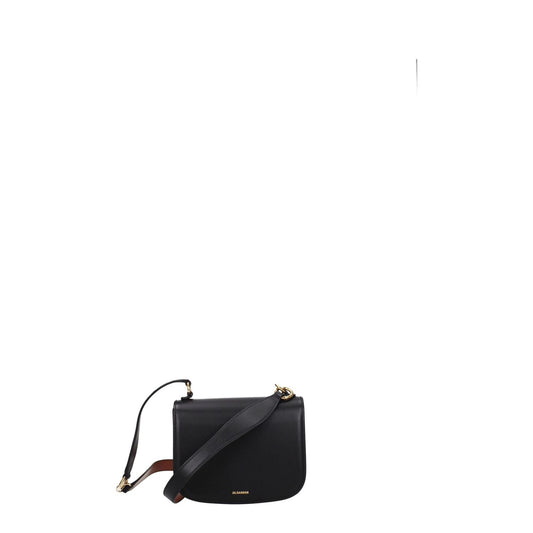 Jil Sander Black Leather Handbag with removable handle and front logo, casual style, small size, gold accents, button closure.