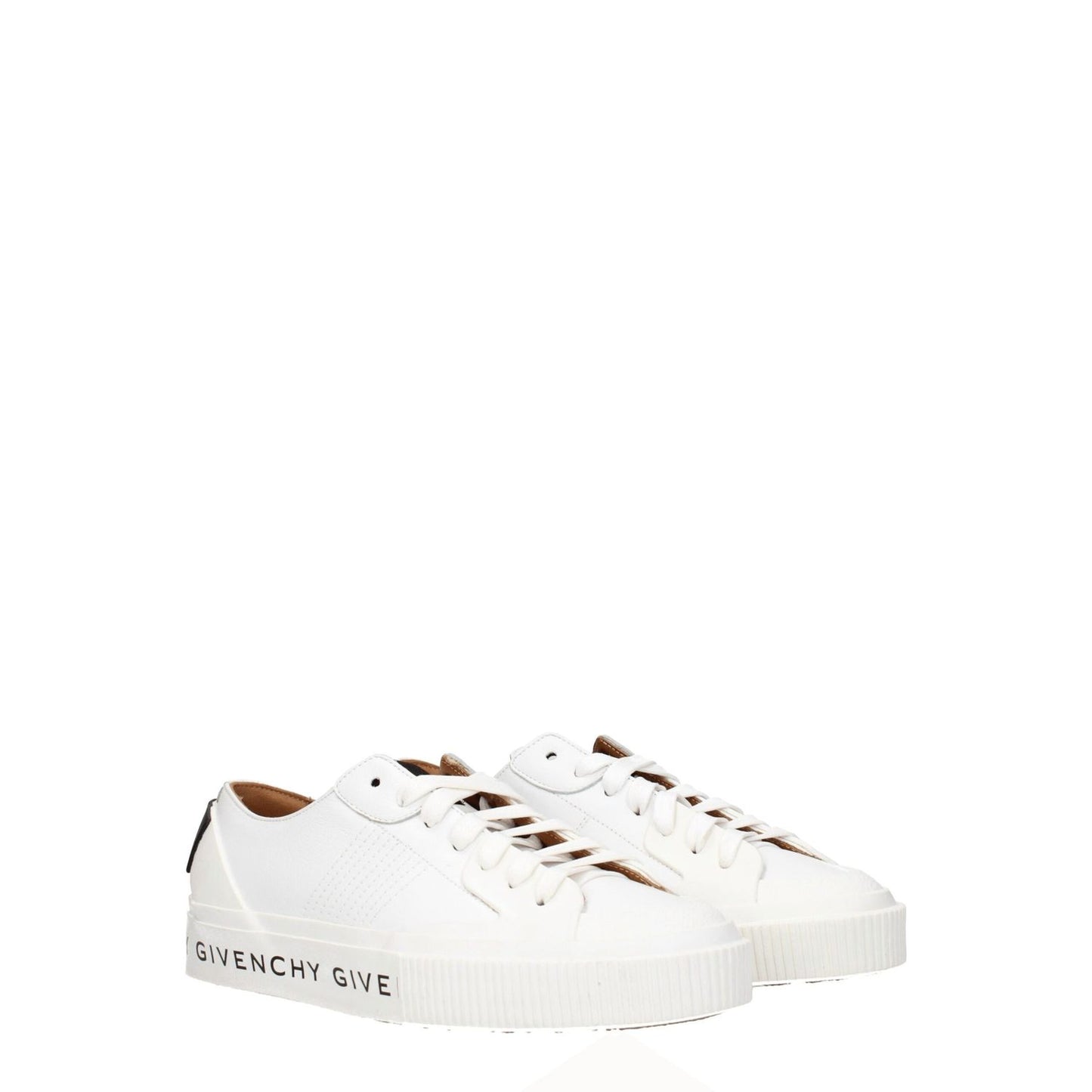 Givenchy White Leather Low Top Sneakers with logos and rubber sole, BE000TE0GA100, sporty glam style with lace-up closure and round toe.