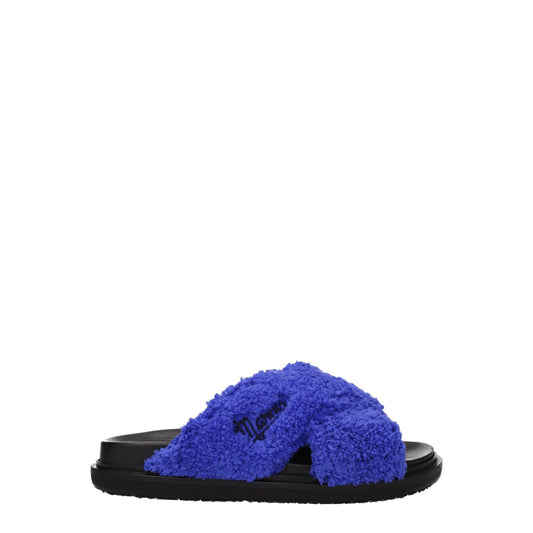 Marni Purple Fabric Slippers with side logo, open toe, low flat heel, and rubber sole, in vibrant violet and secondary juniper color.