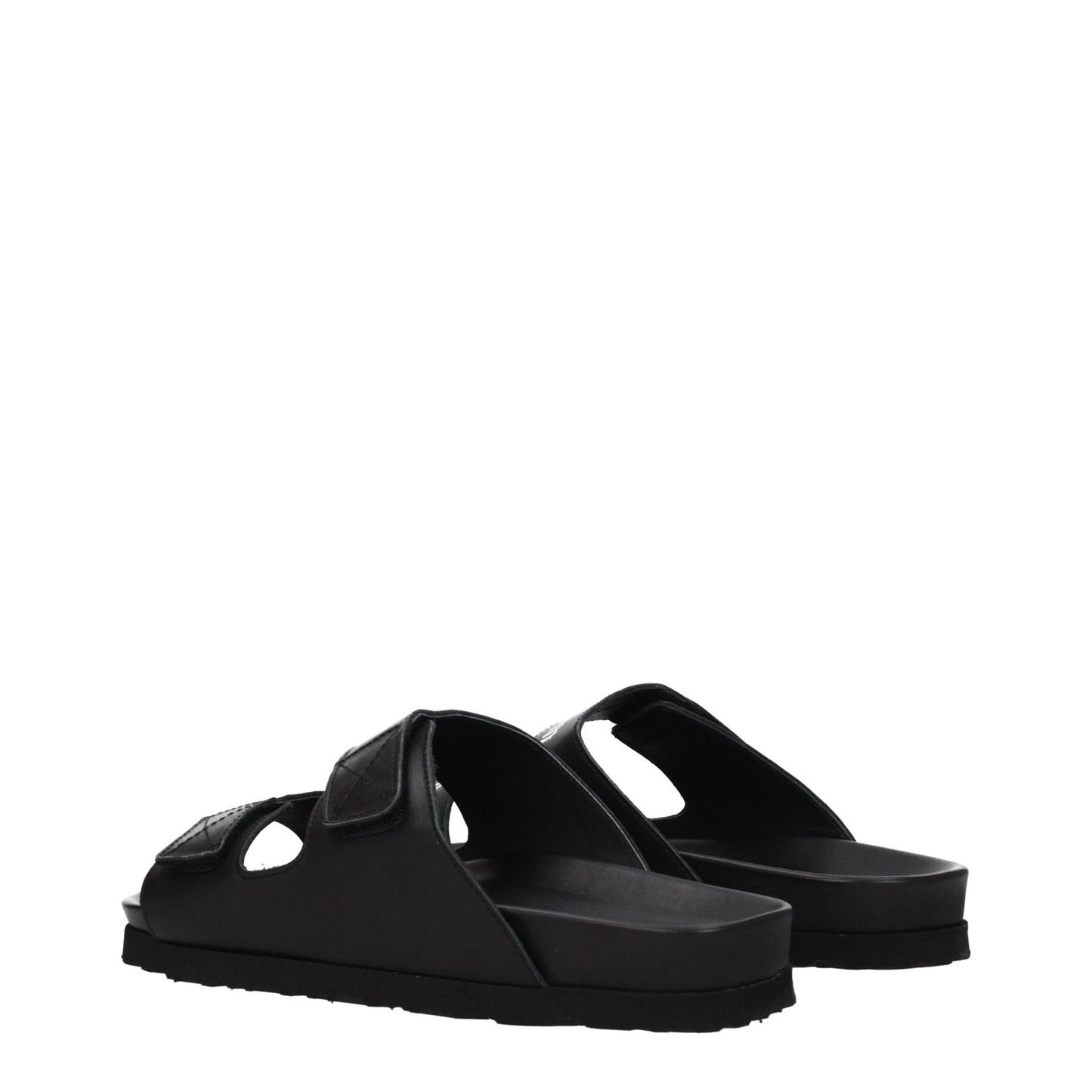 Palm Angels Black Leather Slippers with strap closure and open toe design, featuring a rubber sole and low flat heel, casual style.