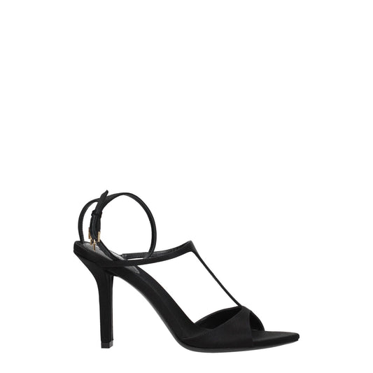 Givenchy Black Satin Stiletto Heel Sandals, open toe with leather sole and buckle closure, gold side logo, stylish high heel 9.5 cm.