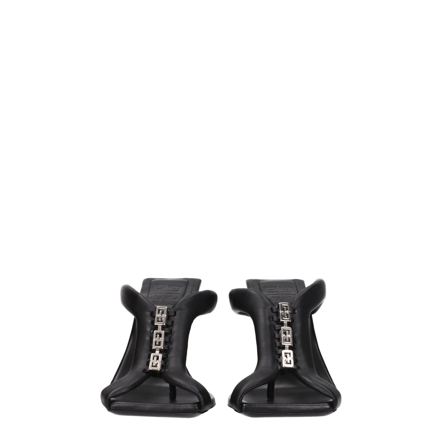 Givenchy Black Leather Stiletto Heel Sandals with front logo and open toe design, featuring 9 cm high heel and silver details.