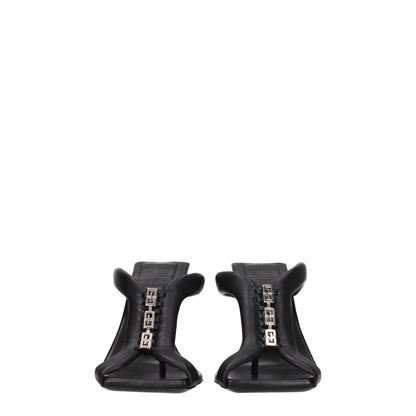 Givenchy Black Leather Stiletto Heel Sandals with front logo and open toe design, featuring 9 cm high heel and silver details.