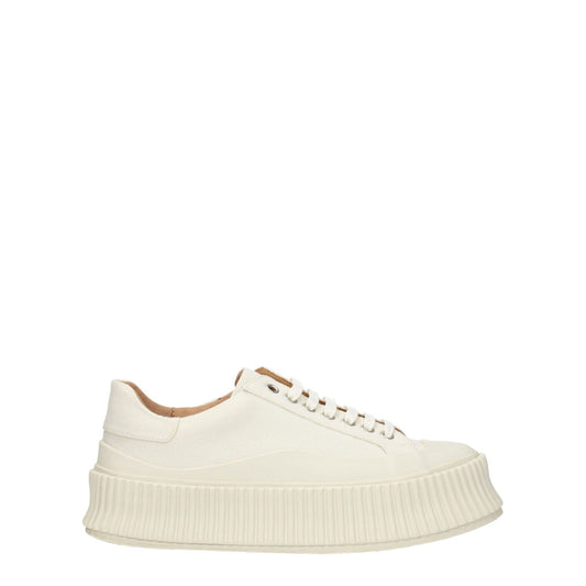 Jil Sander White Fabric Platform Sneakers with aged effect, lace-up closure, and wedge heel, side view displaying rubber sole.