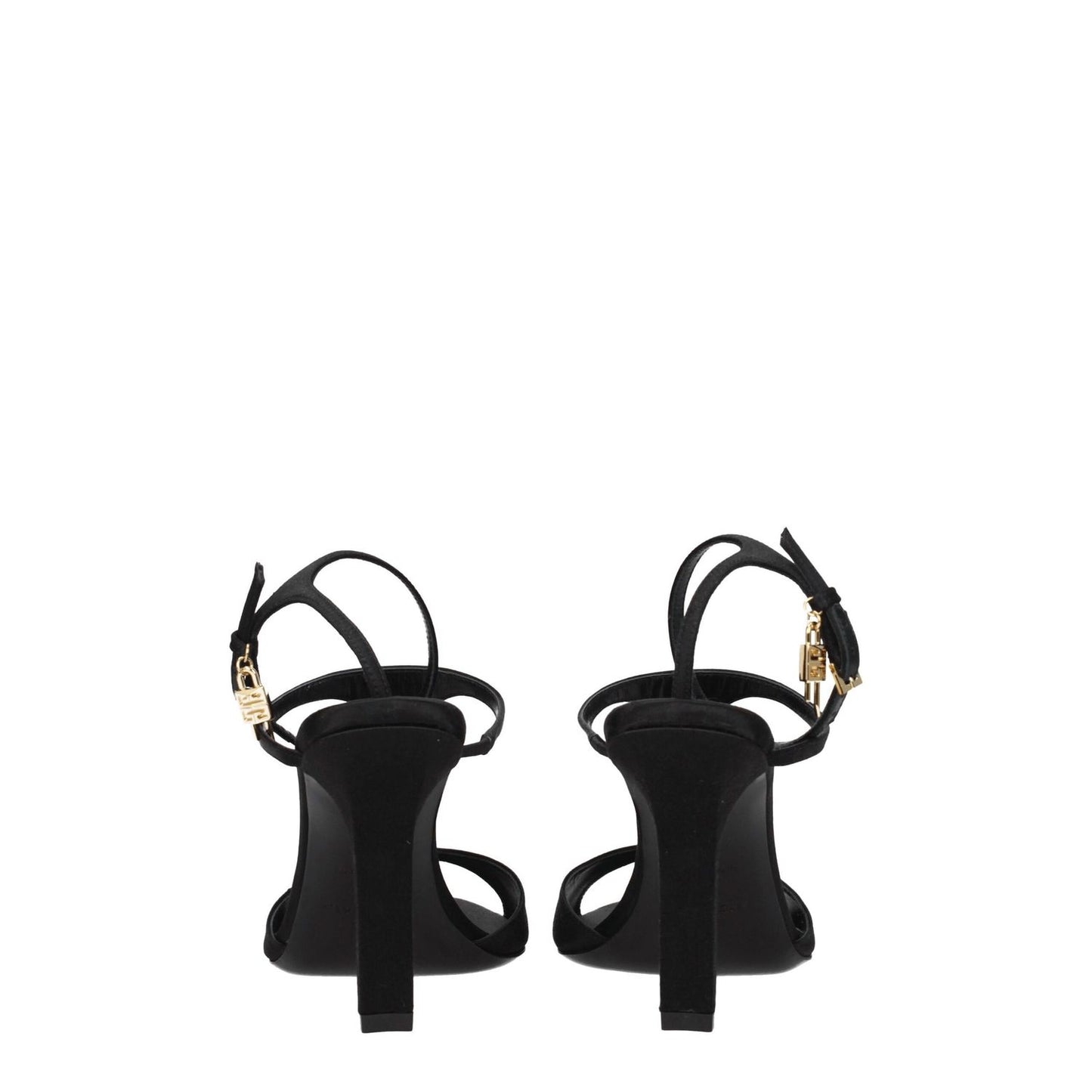 Givenchy Black Satin Stiletto Heel Sandals with buckle closure and leather sole, featuring side logo and gold details.
