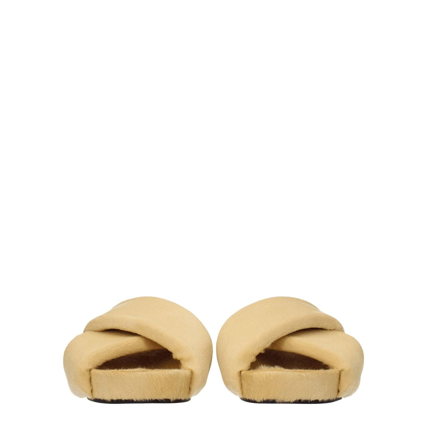 Jil Sander Beige Horsehair Slippers featuring pony skin, low flat heel, leather sole, and open toe design with vintage effect.