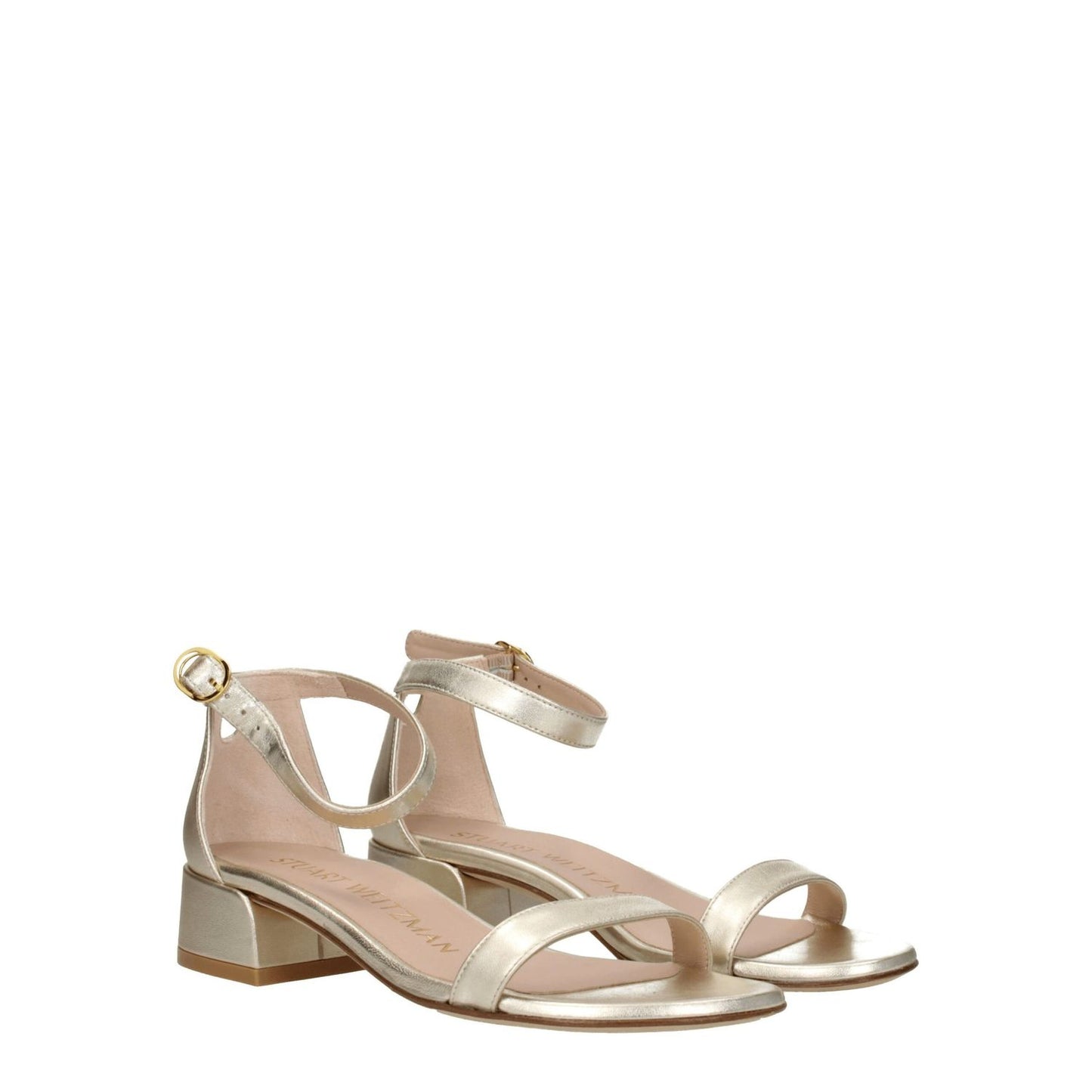 Stuart Weitzman Gold Leather Flat Sandals with buckle closure, open toe, and mid heels. MPN: NUDISTJUNELIDS0793PLATINO. Casual style.