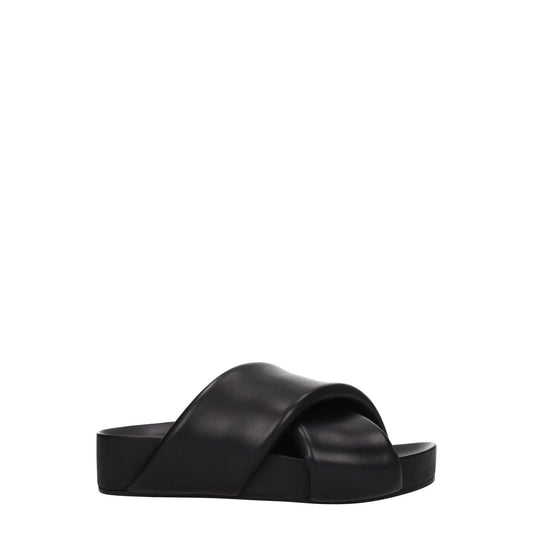 Jil Sander Black Leather Slippers with mid heels and open toe design, perfect for casual wear. MPN J15WP0043P5057001.