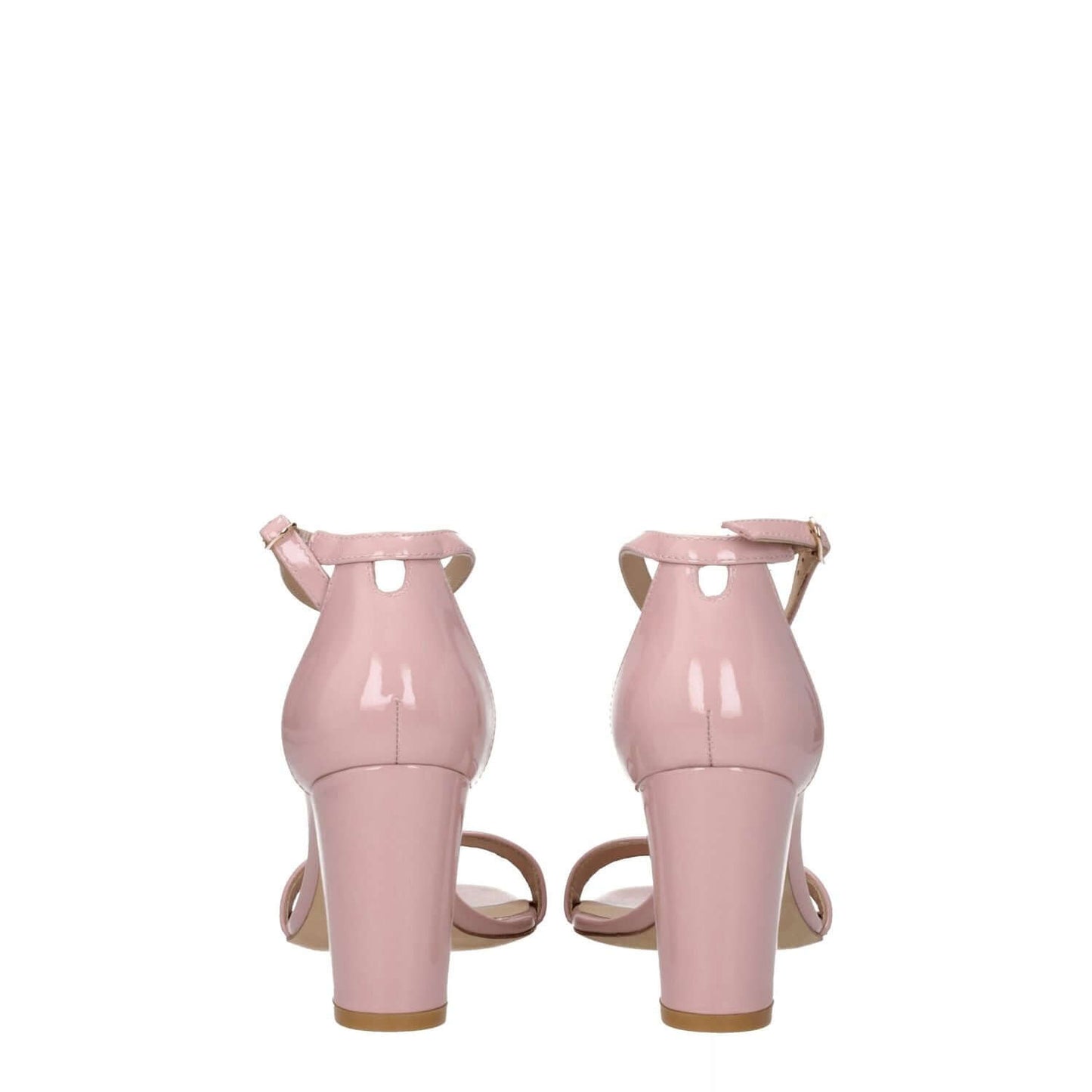 Back view of Stuart Weitzman Pink Leather Stiletto Heel Sandals with buckle closure and open toe design.