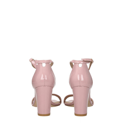 Back view of Stuart Weitzman Pink Leather Stiletto Heel Sandals with buckle closure and open toe design.