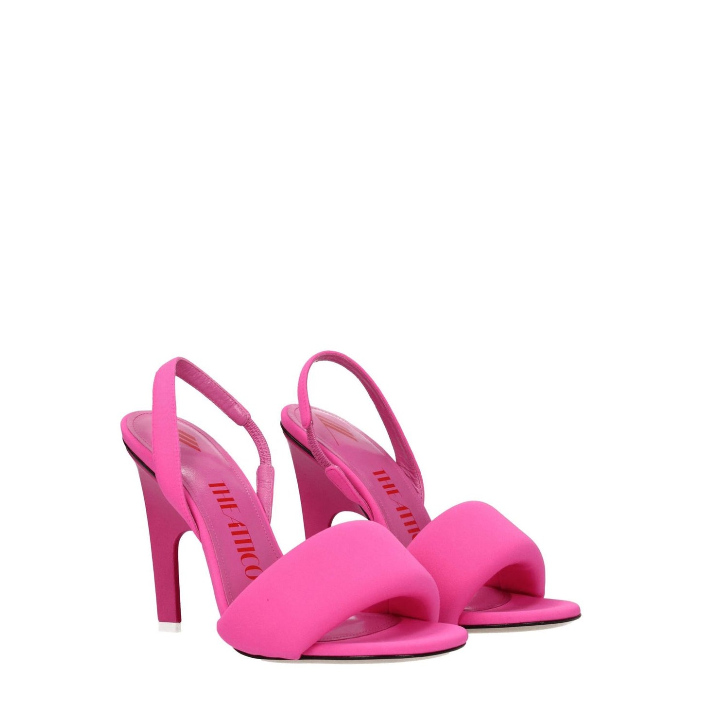 The Attico Pink Fabric Stiletto Heel Sandals in leather, featuring a 10.5 cm high heel and open toe design. Style code F77291.
