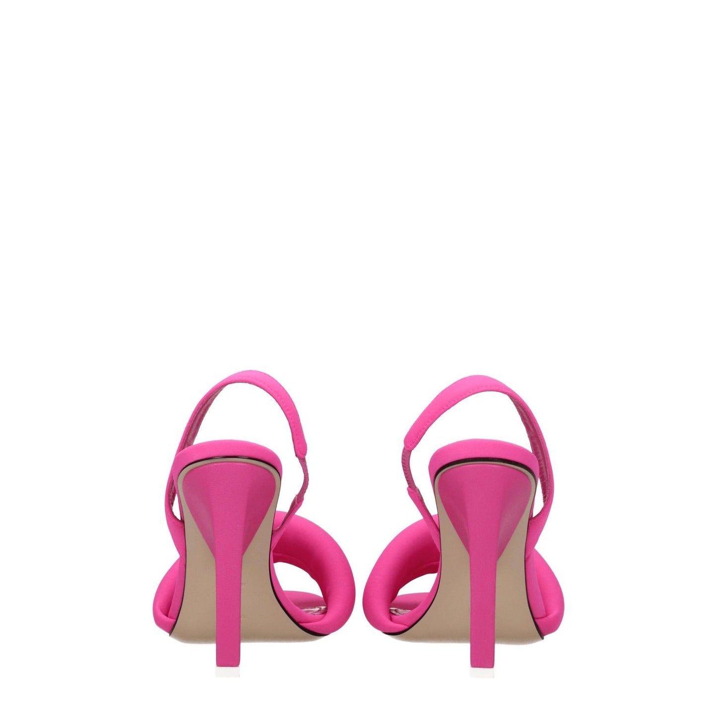 Rear view of The Attico Pink Fabric Stiletto Heel Sandals, featuring open toe design and high geranium heels.
