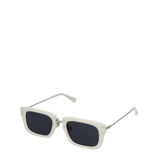 Jacquemus White Acetate Sunglasses with square style frames and dark lenses, featuring silver steel accents and protective case included.