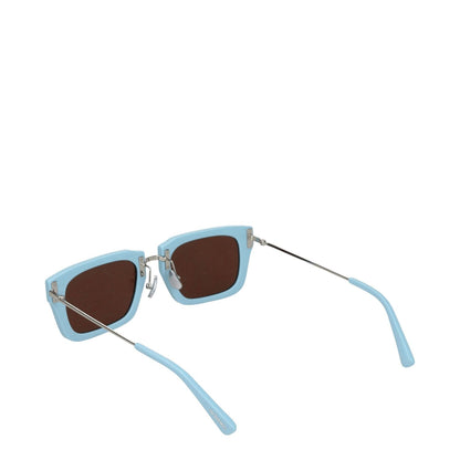 Jacquemus Light Blue Acetate Sunglasses with square frames, dark lenses, and silver steel accents, includes protective case.