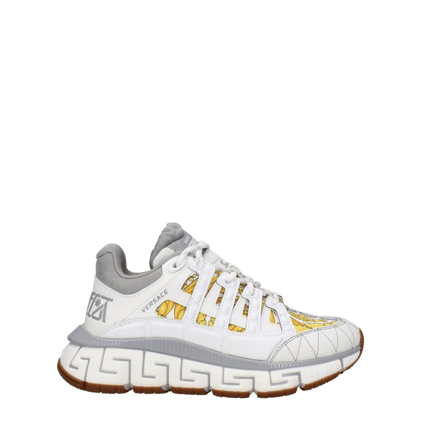 Versace White Fabric Athletic Sneakers with logos, lace-up closure, mid heels, rubber sole, grey accents. MPN 1004182D15TCG6WA70.