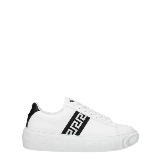 Versace White Leather Low Top Sneakers with front logo, lace-up closure, round toe, and rubber sole. Casual style with black accent.