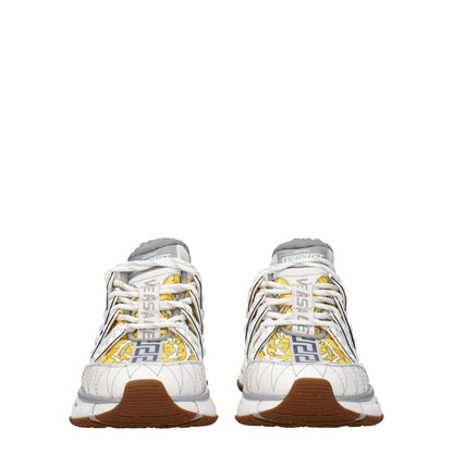 Versace White Fabric Athletic Sneakers with logos and lace-up closure, rubber sole, and mid heels for a casual look