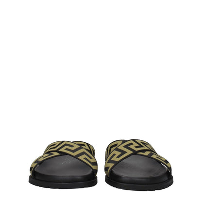 Versace Black Fabric Slippers with gold pattern, open toe, and rubber sole, designed for casual style.