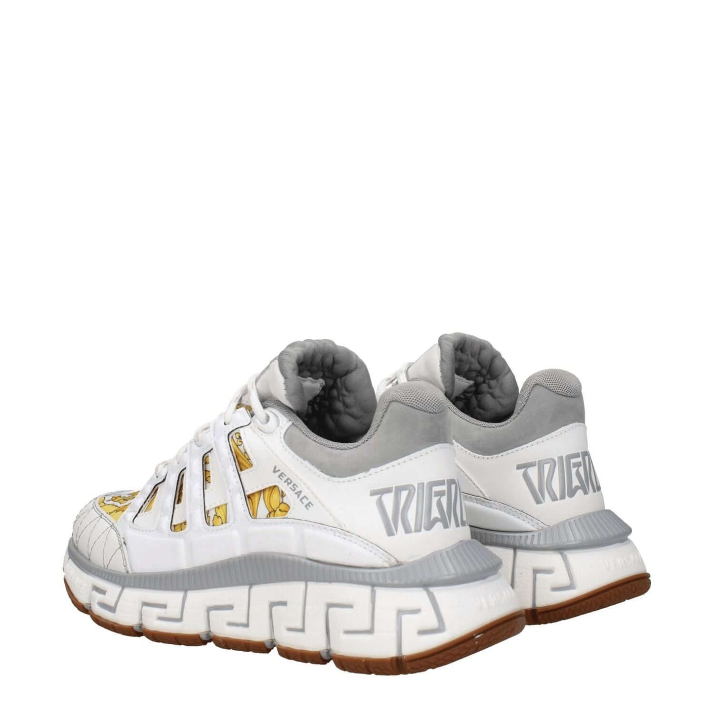 Versace White Fabric Athletic Sneakers with logos, lace up closure, rubber sole, grey accents, designed for casual wear.