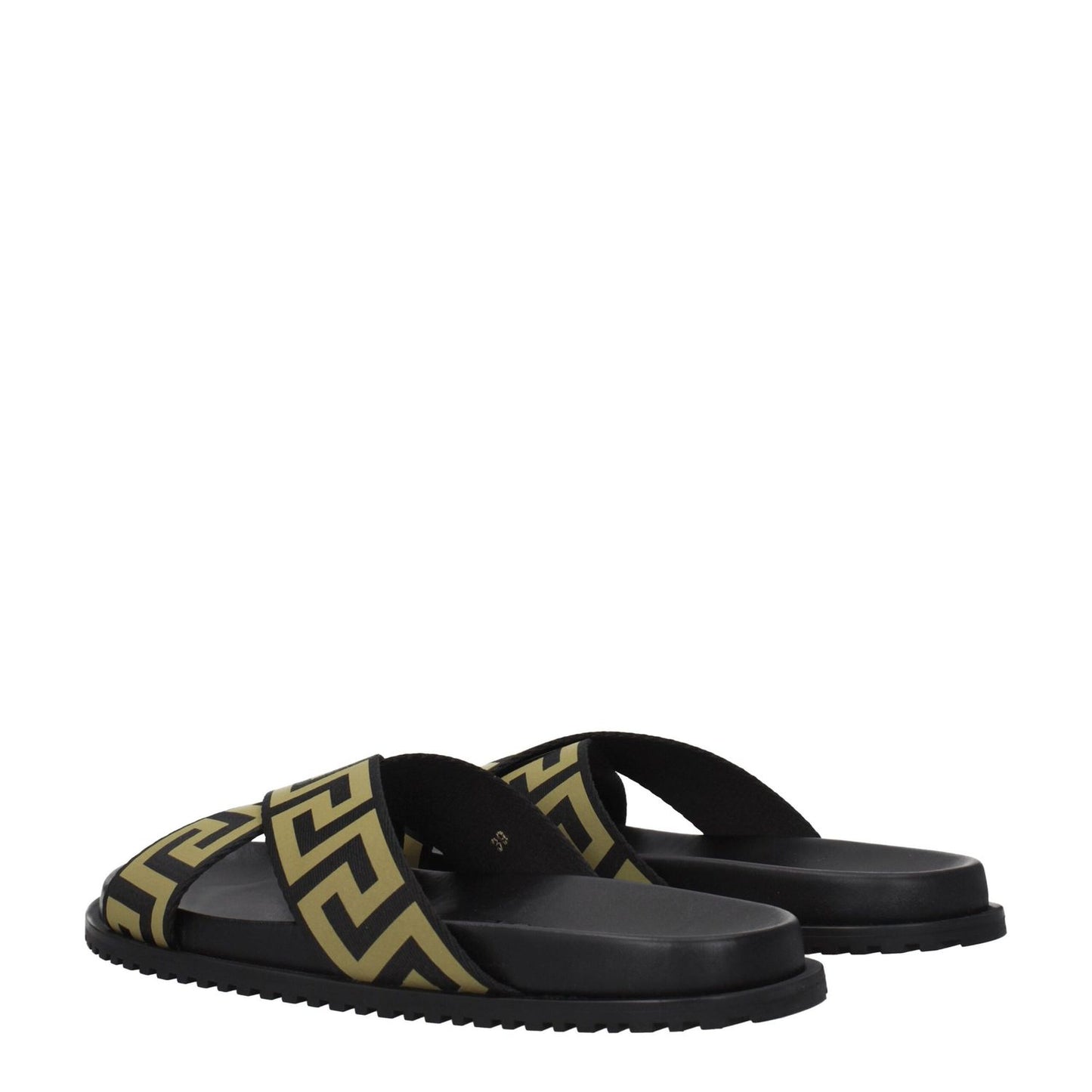 Versace Black Fabric Slippers with gold accents, casual design, featuring an open toe and rubber sole. Style: casual, low flat heel.