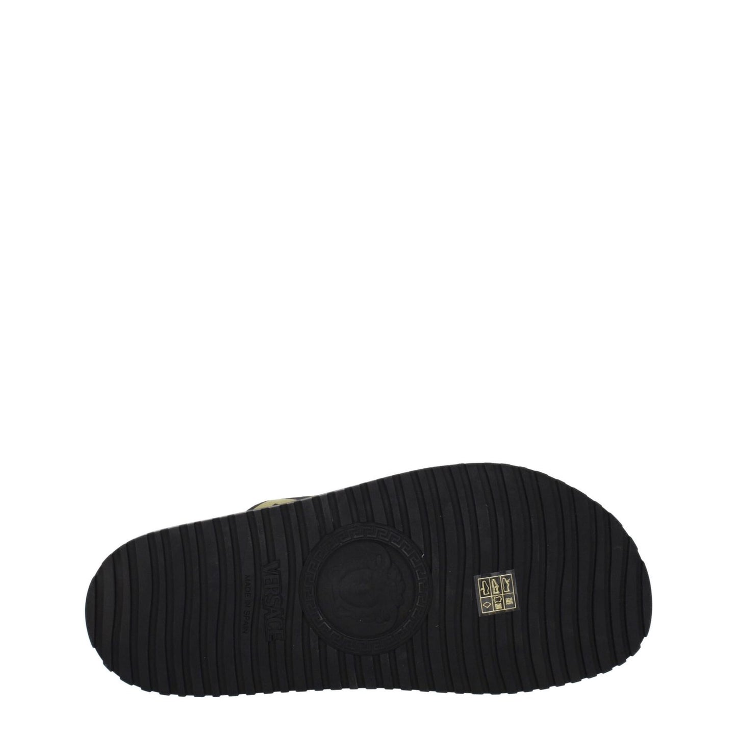 Sole view of Versace Black Fabric Slippers with rubber sole and open toe design.