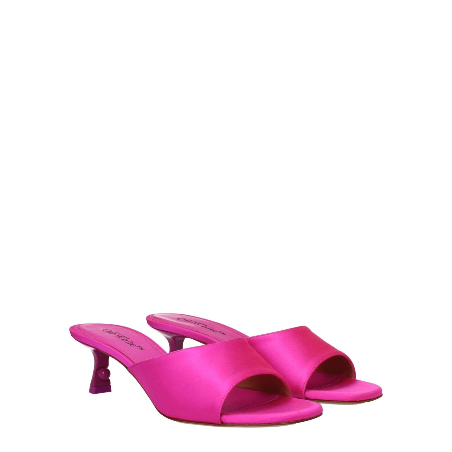 Off-White Pink Satin Stiletto Heel Sandals with open toe design and leather sole, showcasing mid heel height in vibrant fuchsia satin.