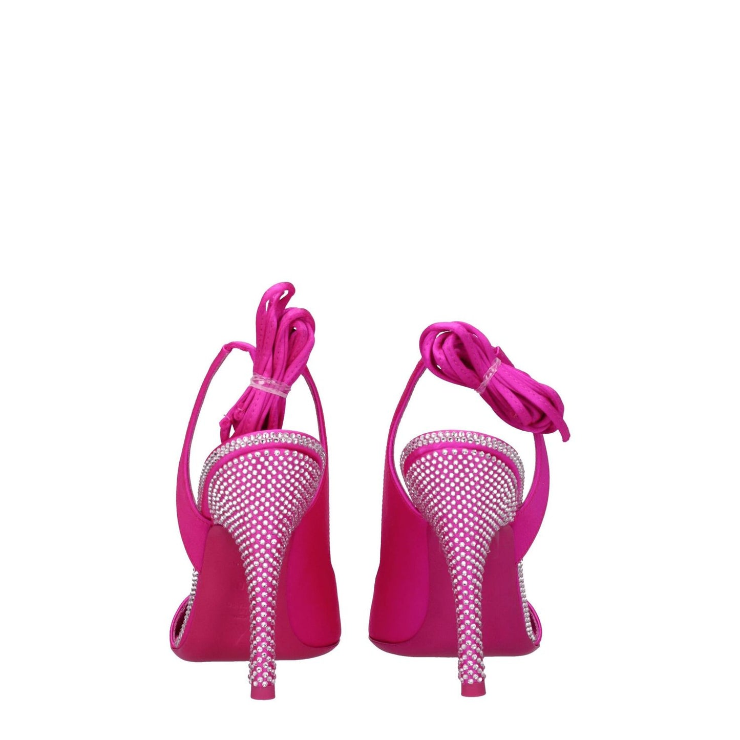 The Attico Pink Satin Stiletto Heel Sandals with rhinestone accents and self-tie closures, featuring a high 11 cm heel and leather sole.