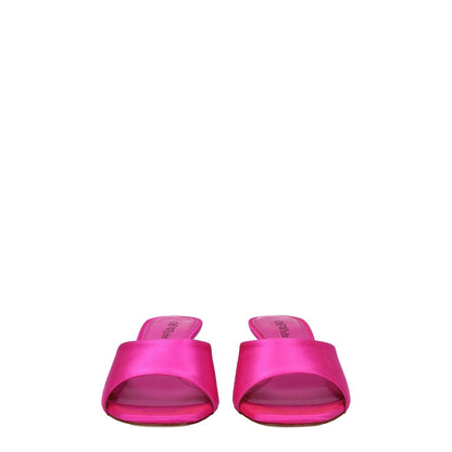Off-White Pink Satin Stiletto Heel Sandals with open toe design and mid heels, showcasing vibrant fuchsia satin material.