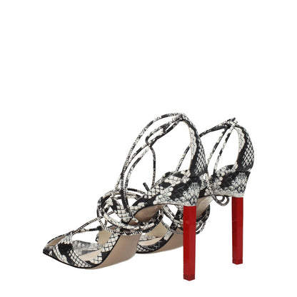 The Attico White Leather Stiletto Heel Sandals with snake print design and red high heel, featuring a vintage self-tie closure.