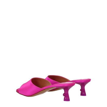 Off-White Pink Satin Stiletto Heel Sandals with open toe and mid heels, featuring leather sole and fuchsia satin material.