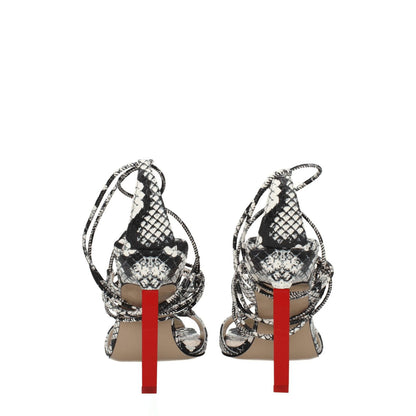 The Attico White Leather Stiletto Heel Sandals with snake print and red sole, open toe, high heel, vintage effect, self-tie closures.