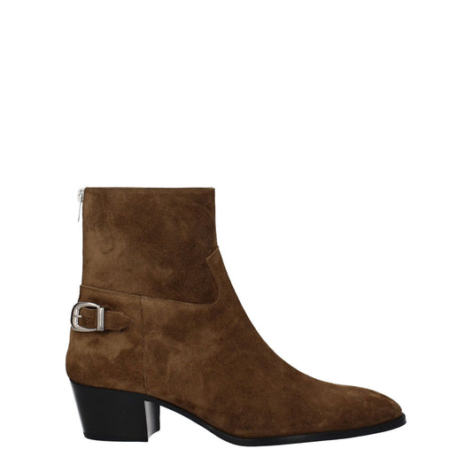 Celine Brown Leather Ankle Boots with vintage effect, suede, zip closure, silver details, taupe accents, mid heels, leather sole.