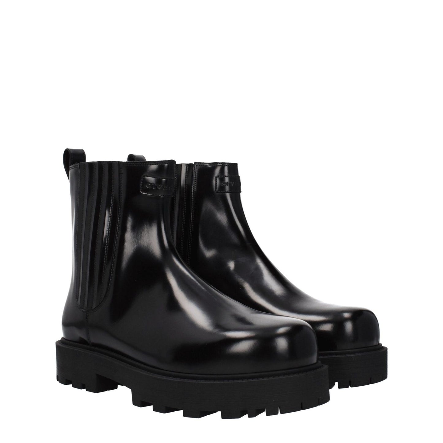 Givenchy Black Leather Ankle Boots with mid heels, round toe, and rubber sole, featuring front and back logos. MPN BH7016H1LQ001.